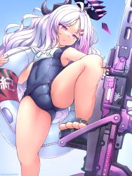 Rule 34 | 1girl, ahoge, ass, blue archive, blue one-piece swimsuit, breasts, closed mouth, covered navel, day, demon horns, feet, gun, hair ornament, hairclip, halo, highres, hina (blue archive), hina (swimsuit) (blue archive), holding, holding gun, holding swim ring, holding weapon, horns, innertube, long hair, machine gun, mg42, multiple horns, name tag, official alternate costume, okutama tarou, old school swimsuit, one-piece swimsuit, parted bangs, purple eyes, sandals, school swimsuit, solo, standing, standing on one leg, swim ring, swimsuit, toes, weapon, white hair