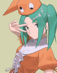 Rule 34 | 1girl, aqua hair, arm up, breasts, closed mouth, dress, expressionless, eyes visible through hair, green eyes, hat, high collar, highres, long hair, looking at viewer, monogatari (series), multicolored clothes, multicolored dress, ononoki yotsugi, orange dress, orange hat, parted bangs, puffy short sleeves, puffy sleeves, shimizu tomoki, short sleeves, simple background, small breasts, solo, thick eyebrows, twintails, upper body, v, v over eye, white dress, yellow background