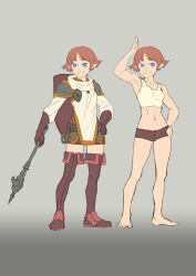 Rule 34 | absurdres, armor, blue eyes, breastplate, brown hair, dungeons &amp; dragons, gauntlets, gloves, grey background, hanpixe, highres, holding, holding weapon, pauldrons, pointy ears, shield, shield on back, short shorts, shorts, shoulder armor, tank top, thighhighs, war hammer, weapon