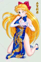 Rule 34 | 1990s (style), 1girl, aino minako, bishoujo senshi sailor moon, blonde hair, blue eyes, bow, china dress, chinese clothes, dragon, dress, elbow gloves, full body, gloves, half updo, heart, heart hands, highres, kneeling, lips, lipstick, long hair, looking at viewer, makeup, new year, one eye closed, red bow, sleeveless, solo, twkr, twkr (suguro-m), white gloves, wink