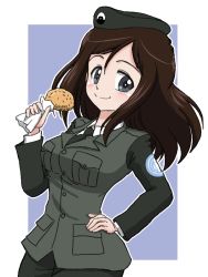 Rule 34 | 1girl, beret, black hair, black hat, black jacket, black necktie, black skirt, blue background, blue eyes, brown hair, chicken (food), closed mouth, commentary, dress shirt, emblem, food, fried chicken, girls und panzer, hand on own hip, hat, holding, holding food, jacket, japanese tankery league (emblem), long hair, long sleeves, looking at viewer, megumi (girls und panzer), military, military hat, military uniform, necktie, outline, outside border, pencil skirt, selection university (emblem), selection university military uniform, shirt, skirt, smile, solo, standing, swept bangs, takahashi kurage, uniform, white outline, white shirt