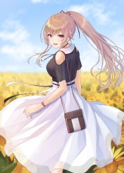 Rule 34 | 1girl, :d, absurdres, bag, bare shoulders, black shirt, blue sky, blurry, blurry background, blush, breasts, brown hair, commentary request, day, depth of field, detached sleeves, feet out of frame, field, flower, flower field, furen e lustario, hair ribbon, handbag, highres, irise, long hair, long skirt, looking at viewer, looking back, medium breasts, nail polish, nijisanji, open mouth, outdoors, pink nails, ponytail, purple eyes, red ribbon, ribbon, see-through, shirt, short sleeves, shoulder bag, sidelocks, skirt, sky, smile, solo, standing, sunflower, sunflower field, very long hair, virtual youtuber, watch, white skirt, wristwatch, yellow flower