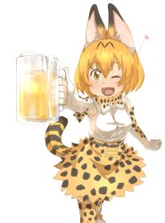 Rule 34 | 10s, animal ears, bare shoulders, beer mug, commentary request, cup, fang, gloves, heart, highres, kemono friends, mug, multicolored hair, one eye closed, open mouth, outstretched hand, serval (kemono friends), serval print, serval tail, short hair, skirt, solo, tail, thighhighs, thin (suzuneya)