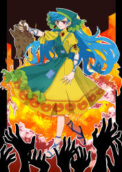 Rule 34 | 1girl, absurdres, animal, animal ears, apron, arm ribbon, arm up, between fingers, black background, black border, black footwear, blue hair, blue ribbon, border, breasts, brown background, brush, dress, fire, green apron, green headwear, green scarf, hair between eyes, hand up, haniyasushin keiki, highres, holding, jewelry, leg ribbon, long hair, looking at viewer, magatama, magatama necklace, medium breasts, necklace, open mouth, pink eyes, pocket, puffy short sleeves, puffy sleeves, red background, ribbon, sandals, scarf, short sleeves, smile, solo, spirit, standing, staygold, touhou, wolf, wolf ears, wolf spirit (touhou), yellow dress
