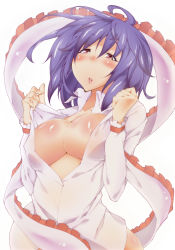 Rule 34 | 1girl, ahoge, blush, breasts, cleavage, female focus, friccer, highres, large breasts, nagae iku, no pants, open clothes, open mouth, open shirt, purple hair, red eyes, shirt, short hair, simple background, solo, touhou, ueda eiji, undressing, upper body, white background, white shirt