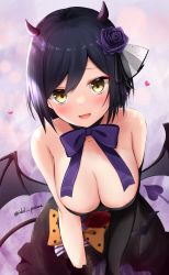 Rule 34 | 1girl, areola slip, asymmetrical gloves, black gloves, black hair, blush, breasts, cleavage, demon girl, demon tail, demon wings, ex idol, flower, gloves, hair flower, hair ornament, hair ribbon, heart, highres, horns, large breasts, looking at viewer, mismatched gloves, nijisanji, open mouth, polka dot, polka dot ribbon, purple flower, purple horns, purple rose, ribbon, rose, shizuka rin, short hair, smile, solo, tail, twitter username, uneven gloves, virtual youtuber, white ribbon, wings, yellow eyes
