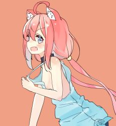 Rule 34 | 1girl, agaki anko, ahoge, animal ear fluff, animal ears, blue eyes, cat ears, choker, commentary request, flat chest, from side, highres, hinata channel, long hair, low twintails, nekomiya hinata, open mouth, pink hair, pulling own clothes, sideways mouth, smile, solo, twintails, upper body, vest, vest pull, virtual youtuber, white vest