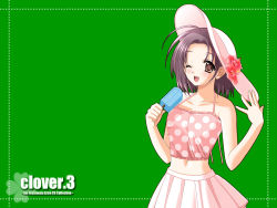 Rule 34 | 1girl, ;d, ahoge, artist name, bare arms, blush, brown eyes, camisole, clover, clover (game cg), collarbone, copyright name, flower, food, green background, halterneck, hand on headwear, hat, hat flower, hibiscus, highres, holding, midriff, navel, nishimata aoi, one eye closed, open mouth, parted bangs, pink skirt, polka dot, popsicle, purple hair, short hair, simple background, skirt, sleeveless, smile, solo, sun hat, wallpaper