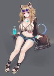 Rule 34 | 1girl, absurdres, animal ear fluff, animal ears, arknights, bikini, bikini top only, black footwear, blue nails, blue shorts, braid, breasts, brown bikini, brown hair, denim, denim shorts, drinking straw, eyewear on head, female focus, grey background, hair ornament, hairclip, highres, huge breasts, jewelry, long hair, looking at viewer, nail polish, navel, necklace, official alternate costume, open mouth, purple eyes, sandals, short shorts, shorts, simple background, sitting, solo, stomach, striped bikini, striped clothes, sunglasses, swimsuit, swimsuit cover-up, tail, toenail polish, toenails, tomathao, twin braids, utage (arknights), utage (summer flowers) (arknights), x hair ornament
