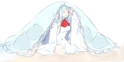 Rule 34 | 1girl, antenna hair, blue hair, dress, closed eyes, kneeling, long hair, lumi (vocaloid), pillow, red neckwear, see-through, simple background, solo, tod-mugi, vocaloid, waking up, white background, wide sleeves