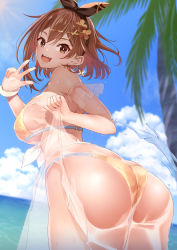 Rule 34 | 1girl, ass, atelier (series), atelier ryza, bare shoulders, bikini, blue sky, blush, breasts, brown eyes, brown hair, butt crack, curvy, from behind, hair ribbon, highres, huge ass, kppless, large breasts, looking at viewer, looking back, open mouth, reisalin stout, ribbon, shiny skin, short hair, sideboob, sky, smile, solo, swimsuit, thong, thong bikini, v, wide hips
