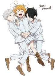 Rule 34 | 1girl, 2boys, absurdres, black hair, boots, brown footwear, closed eyes, emma (yakusoku no neverland), english text, grey hair, hair over one eye, highres, holding hands, korean commentary, long sleeves, multiple boys, neck tattoo, norman (yakusoku no neverland), one eye closed, open mouth, orange hair, pants, pillosopi, ray (yakusoku no neverland), shirt, shoes, simple background, skirt, smile, tattoo, teeth, upper teeth only, white background, white pants, white shirt, white skirt, yakusoku no neverland