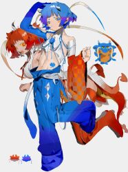 Rule 34 | 2girls, arm up, blue eyes, blue hair, blush stickers, colored sclera, commentary, dragon girl, dragon tail, highres, horns, kuttakutanao0, leg up, looking at viewer, multiple girls, open mouth, original, red eyes, red hair, short hair, symbol-only commentary, tail, white background, yellow sclera
