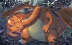 Rule 34 | absurdres, animal, animal focus, charizard, charmander, claws, closed eyes, closed mouth, commentary, creatures (company), fiery tail, forest, game freak, gen 1 pokemon, highres, hug, itohiro, leaf, nature, nintendo, no humans, outdoors, plant, pokemon, pokemon (creature), rain, shadow, sleeping, tail