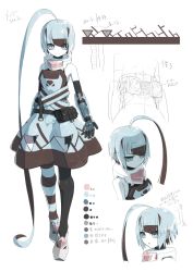 Rule 34 | 1girl, ahoge, android, annoyed, asymmetrical legwear, belt, belt pouch, blue dress, blue eyes, blue hair, brown hair, character sheet, colored skin, commentary request, dress, expressionless, eyes visible through hair, huge ahoge, humanoid robot, joints, looking at viewer, multicolored hair, original, pantyhose, pouch, robot, robot joints, short hair, striped clothes, striped legwear, striped pantyhose, suzukou, translation request, transparent, two-tone hair, uneven legwear, white background, white skin