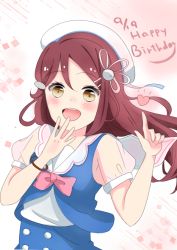 Rule 34 | 1girl, artist name, artist request, bare shoulders, blue dress, blush, bow, bracelet, breasts, brown eyes, dress, female focus, hair between eyes, hair ornament, hairclip, hat, jewelry, long hair, looking at viewer, love live!, love live! school idol festival, love live! sunshine!!, parted lips, pink bow, pink neckwear, red hair, sailor collar, sakurauchi riko, small (pixiv41206056), small breasts, smile, solo, white hat, yellow eyes