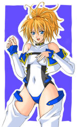 Rule 34 | banpresto, blonde hair, blue eyes, detached sleeves, excellen browning, long hair, ponytail, smile, solo, super robot wars, thighhighs
