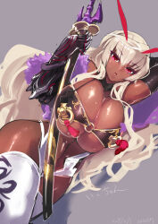 Rule 34 | 1girl, ario, blonde hair, breasts, cleavage, dark-skinned female, dark skin, female focus, gauntlets, holding, holding sword, holding weapon, huge breasts, itou ittousai (sengoku bushouki muramasa), looking at viewer, lying, nipple piercing, nipple rings, o-ring, o-ring top, open mouth, piercing, red eyes, sengoku bushouki muramasa, shiny skin, solo, sword, thick thighs, thighhighs, thighs, underboob, weapon, white thighhighs