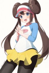 1girl :d absurdres black_pantyhose blue_eyes blush brown_hair cowboy_shot creatures_(company) dated double_bun game_freak hair_bun highres long_hair looking_at_viewer nintendo open_clothes open_mouth pantyhose pokemon pokemon_bw2 rosa_(pokemon) shidaw0206 shirt shorts smile solo steepled_fingers teeth three-quarter_sleeves twintails upper_teeth_only very_long_hair visor_cap white_background yellow_shorts