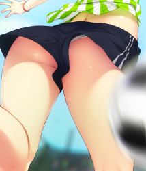Rule 34 | 1girl, ass, ball, blurry, blurry background, close-up, day, feguimel, from behind, head out of frame, highres, original, outdoors, panties, panty peek, pantyshot, shirt, short shorts, shorts, soccer ball, soccer uniform, solo, sportswear, striped clothes, striped legwear, striped shirt, thighs, underwear, upshorts, vertical-striped legwear, white panties, wristband