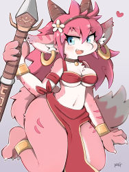 Rule 34 | 1girl, animal ear fluff, animal ears, blue eyes, blush, body fur, breasts, commentary request, dragon, dragon girl, dragon horns, earrings, fang, flower, furred dragon, furry, furry female, hair flower, hair ornament, headband, heart, highres, holding, holding polearm, holding spear, holding weapon, horns, jewelry, kneeling, long hair, looking to the side, medium breasts, moriguru77, navel, necklace, open mouth, original, pink fur, pink hair, polearm, signature, snout, solo, spear, tail, two-tone fur, weapon, white fur