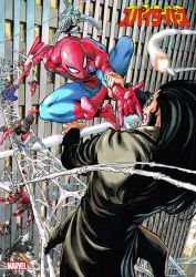 Rule 34 | 1girl, 6+boys, armored spider-man, battle, black hair, brix (marvel), building, cityscape, company name, copyright name, crossover, daemos (marvel), epic, fangs, highres, marvel, missile, multiple boys, multiple persona, murata yuusuke, official art, silk, spider-man, spider-man (series), spider-verse, spider-verse (comics), spider-woman, spider web