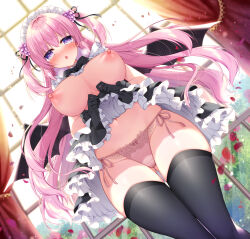 Rule 34 | 1girl, :o, absurdres, black dress, black gloves, black thighhighs, blush, breasts, breasts out, bush, clothes lift, collared dress, curtains, day, demon, demon girl, demon wings, dress, dress lift, flower, frilled dress, frills, gloves, gluteal fold, hair flower, hair ornament, heart, heart-shaped pupils, highres, indoors, large breasts, lifted by self, long hair, maid, maid headdress, nipples, non-web source, open mouth, original, panties, pink hair, pink panties, purple eyes, ringo sui, sidelocks, skirt, skirt lift, standing, symbol-shaped pupils, thighhighs, thighs, underboob, underwear, very long hair, wide hips, window, wings