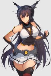 Rule 34 | 1girl, black gloves, black hair, black thighhighs, breasts, cowboy shot, elbow gloves, fingerless gloves, gloves, grey background, hair between eyes, hand on own hip, headgear, highres, kantai collection, kasumi (skchkko), large breasts, long hair, looking at viewer, midriff, miniskirt, nagato (kancolle), navel, pleated skirt, red eyes, shirt, simple background, skirt, sleeveless, sleeveless shirt, smile, solo, thighhighs, white shirt, white skirt