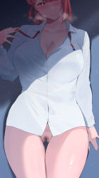 Rule 34 | 1girl, arm at side, blush, breasts, cleavage, collared shirt, commentary, cowboy shot, dress shirt, english commentary, female pubic hair, gluteal fold, hair over one eye, hand up, heart, heart-shaped pupils, heavy breathing, highres, large breasts, long sleeves, looking at viewer, loose neck ribbon, love live!, love live! nijigasaki high school idol club, medium hair, naked shirt, naughty face, okpriko, one eye covered, pubic hair, red hair, red ribbon, ribbon, shirt, smile, solo, standing, symbol-shaped pupils, thigh gap, uehara ayumu