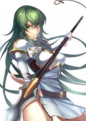 Rule 34 | 1girl, armor, erinys (fire emblem), fingerless gloves, fire emblem, fire emblem: genealogy of the holy war, gloves, green eyes, green hair, grey background, hair between eyes, highres, holding, holding weapon, lance, long hair, machi wt, matching hair/eyes, nintendo, polearm, shoulder armor, simple background, solo, pauldrons, weapon, white gloves