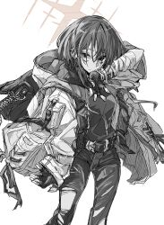 Rule 34 | 1girl, absurdres, backpack, bag, belt, blue archive, closed mouth, earrings, greyscale, halo, highres, hood, hooded jacket, jacket, jewelry, jitaso, long sleeves, looking at viewer, misaki (blue archive), monochrome, open clothes, open jacket, pants, short hair, solo, standing, stud earrings, torn clothes, torn pants, upper body, white background