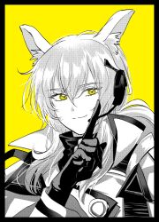 Rule 34 | 1girl, animal ear fluff, animal ears, arknights, black border, black gloves, border, closed mouth, gloves, greyscale, hair between eyes, headset, highres, horse ears, implied extra ears, jacket, long hair, looking at viewer, monochrome, nearl (arknights), nearl the radiant knight (arknights), onasu (nasubinari), portrait, simple background, smile, solo, spot color, yellow background, yellow eyes