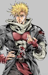Rule 34 | 1boy, aged down, battle tendency, between fingers, blonde hair, blood, blood on clothes, bloody weapon, caesar anthonio zeppeli, cigarette, facial mark, fingerless gloves, gloves, green eyes, grey scarf, holding, jojo no kimyou na bouken, long coat, male focus, official style, sashiyu, scarf, scratches, solo, torn clothes, weapon, wrench