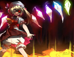 Rule 34 | 1girl, absurdres, artist name, ascot, blonde hair, bloomers, collared shirt, commentary, commeowdore, crazy eyes, dated, english commentary, feet out of frame, flandre scarlet, frilled shirt collar, frilled sleeves, frills, glowing, glowing eye, glowing wings, hat, hat ribbon, highres, long hair, looking at viewer, mob cap, one side up, puffy short sleeves, puffy sleeves, red background, red eyes, red ribbon, red skirt, red vest, redrawn, ribbon, ribbon-trimmed headwear, ribbon trim, shirt, short sleeves, skirt, skirt set, solo, touhou, underwear, vest, white bloomers, white hat, white shirt, wings, yellow ascot