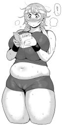 Rule 34 | 1girl, bad id, bad tumblr id, bare shoulders, belly, bike shorts, blush, book, breast press, breasts, curvy, female focus, gigantic breasts, greyscale, hairband, headband, highres, monochrome, navel, plump, short hair, simple background, solo, standing, stomach, sweat, synecdoche, thick thighs, thighs, towel, translation request, white background