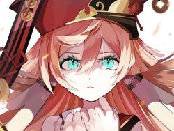 Rule 34 | 1girl, absurdres, aqua eyes, eye contact, eyelashes, genshin impact, hair between eyes, hat, highres, horns, long hair, looking at another, looking at viewer, parted lips, pink eyes, red hat, simple background, solo, wafuu tsunamayo, white background, yanfei (genshin impact)