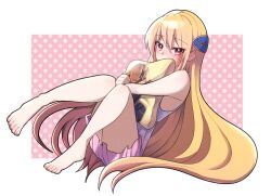 Rule 34 | 1girl, bare legs, barefoot, blonde hair, blush, character print, commentary request, covering own mouth, curvy, double-parted bangs, dress, eyelashes, eyes visible through hair, hair between eyes, hair spread out, heaven burns red, highres, hugging object, kayamori ruka, knees together feet apart, knees up, long hair, looking at viewer, nose blush, parted bangs, pillow, pillow hug, pink dress, pink eyes, polka dot, polka dot background, puyopiku, shirakawa yuina, short dress, shy, sitting, sleeveless, sleeveless dress, solo, sweatdrop, thighs, two-tone background, very long hair, white background