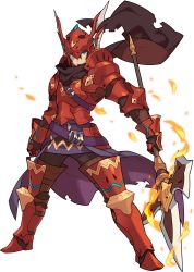 Rule 34 | 1boy, armor, armored boots, artist request, azel (world flipper), belt, blue eyes, boots, breastplate, brown hair, brown pants, brown scarf, closed mouth, fire, full armor, full body, gauntlets, halberd, helmet, highres, holding, holding polearm, holding weapon, legs apart, looking to the side, male focus, non-web source, official art, pants, polearm, red armor, red footwear, red headwear, scarf, short hair, shoulder armor, simple background, solo, standing, torn clothes, torn scarf, transparent background, waist cape, weapon, world flipper