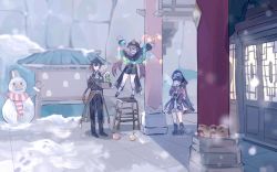 Rule 34 | 1boy, 2girls, arms up, black hair, black headwear, boots, box, brown hair, building, christmas, christmas lights, christmas ornaments, closed eyes, closed mouth, coat, commentary, day, dress, flower, footprints, genshin impact, gyoju (only arme nim), hair between eyes, hat, hat flower, highres, holding, holding box, hu tao (genshin impact), kneehighs, ladder, long hair, long sleeves, low twintails, multicolored hair, multiple girls, open mouth, outdoors, pants, ponytail, snow, snowing, snowman, socks, standing, stepladder, stool, symbol-only commentary, twintails, very long hair, white legwear, yun jin (genshin impact), zhongli (genshin impact)
