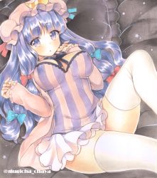 Rule 34 | 1girl, artist name, blue bow, blue ribbon, blunt bangs, blush, bow, breasts, covered erect nipples, crescent, dress, hair bow, hat, hat ribbon, large breasts, long hair, long sleeves, looking at viewer, lying, marker (medium), mob cap, mugicha (mugicha0929), on back, pajamas, patchouli knowledge, purple eyes, purple hair, red bow, red ribbon, ribbon, short dress, solo, striped clothes, striped dress, thighhighs, thighs, touhou, traditional media, twitter username, vertical-striped clothes, vertical-striped dress, white thighhighs