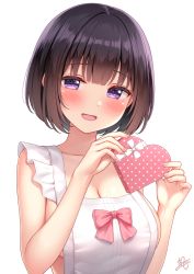 Rule 34 | 1girl, apron, black hair, blunt bangs, blush, box, breasts, cleavage, commentary request, gift, heart-shaped box, holding, holding gift, inoue yurina, karutamo, looking at viewer, naked apron, original, purple eyes, short hair, signature, simple background, solo, upper body, valentine, white background
