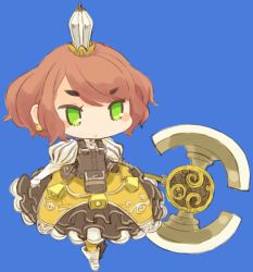 Rule 34 | 1girl, axe, bell, blush, chibi, crown, earrings, female focus, green eyes, jewelry, mota, original, red hair, simple background, solo, weapon