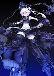 Rule 34 | 1girl, :o, abyssal ship, amputee, anchor, belt, black gloves, cannon, chain, colored skin, destroyer princess, double amputee, gloves, glowing, glowing eyes, hat, headgear, hip bones, kantai collection, konnyaku (kk-monmon), long hair, navel, neckerchief, outstretched arms, pale skin, ponytail, purple eyes, sailor collar, school uniform, serafuku, side ponytail, skirt, sleeveless, solo, teeth, turret, white hair, white skin