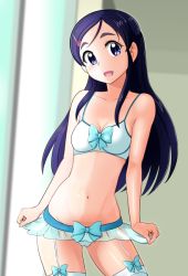 Rule 34 | 1girl, :d, bakusai, blue bow, blue eyes, blue hair, blurry, blurry background, bow, bra, breasts, cleavage, collarbone, contrapposto, cowboy shot, dutch angle, futari wa precure, garter straps, hair ornament, heart, heart hair ornament, indoors, lingerie, long hair, looking at viewer, navel, open mouth, panties, precure, shiny skin, small breasts, smile, solo, standing, straight hair, thighhighs, underwear, underwear only, very long hair, white bra, white panties, white thighhighs, yukishiro honoka