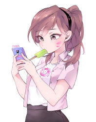 Rule 34 | 1girl, alternate costume, alternate hairstyle, animal print, artist name, bad id, bad pixiv id, black skirt, brown eyes, brown hair, buttons, casual, cellphone, character name, clothes writing, collarbone, cowboy shot, cropped jacket, d.va (overwatch), eyebrows, facepaint, facial mark, food, food in mouth, hair ornament, hair tie, hair up, hairband, holding, holding phone, jacket, long hair, melting, mouth hold, overwatch, overwatch 1, panza, phone, pink jacket, ponytail, popsicle, rabbit print, shirt, short sleeves, simple background, skirt, smartphone, solo, whisker markings, white background