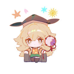 Rule 34 | 1girl, arms up, autumn leaves, blush, boots, brown eyes, brown footwear, brown hair, brown hat, cape, chair, chibi, closed mouth, commentary request, constellation, constellation print, daedalu, detached sleeves, drum, full body, green skirt, hair between eyes, hands up, hat, highres, instrument, leaf, light brown hair, long hair, long sleeves, looking at viewer, matara okina, orange cape, petals, shirt, simple background, sitting, skirt, snowflakes, solo, sun symbol, tabard, touhou, tsuzumi, very long hair, white background, white shirt, wide sleeves