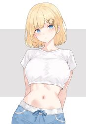 Rule 34 | 1girl, absurdres, alternate costume, arms behind back, blonde hair, blue eyes, bluefield, cropped shirt, hair ornament, highres, hololive, hololive english, looking at viewer, midriff, shirt, short hair, simple background, solo, virtual youtuber, watson amelia, white shirt