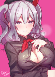 Rule 34 | 10s, 1girl, arm at side, artist name, azumi akitake, blouse, blue eyes, blush, bow, breasts, cleavage cutout, clothing cutout, grey shirt, hair bow, hand on own chest, kantai collection, kashima (kancolle), large breasts, lips, long hair, looking at viewer, open clothes, open shirt, paizuri invitation, parted lips, pink background, shirt, signature, silver hair, simple background, solo, suggestive fluid, twintails, unbuttoned, upper body, wavy hair