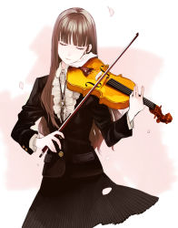 Rule 34 | 1girl, bad id, bad pixiv id, blunt bangs, bolo tie, bow (music), brown hair, cherry blossoms, closed eyes, formal, hime cut, instrument, long hair, original, petals, pink background, shikishima (eiri), simple background, solo, two-tone background, violin, white background