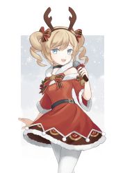 Rule 34 | 1girl, :d, antlers, barbara (genshin impact), bell, belt, blonde hair, blue eyes, blush, bow, brooch, choker, christmas, clothing cutout, dress, drill hair, fake antlers, fur-trimmed dress, fur-trimmed sleeves, fur trim, genshin impact, hair bow, hairband, highres, holding, holding microphone, horns, jewelry, long hair, meeako, microphone, open mouth, pantyhose, reindeer antlers, shoulder cutout, smile, solo, star brooch, striped, striped bow, twin drills, twintails